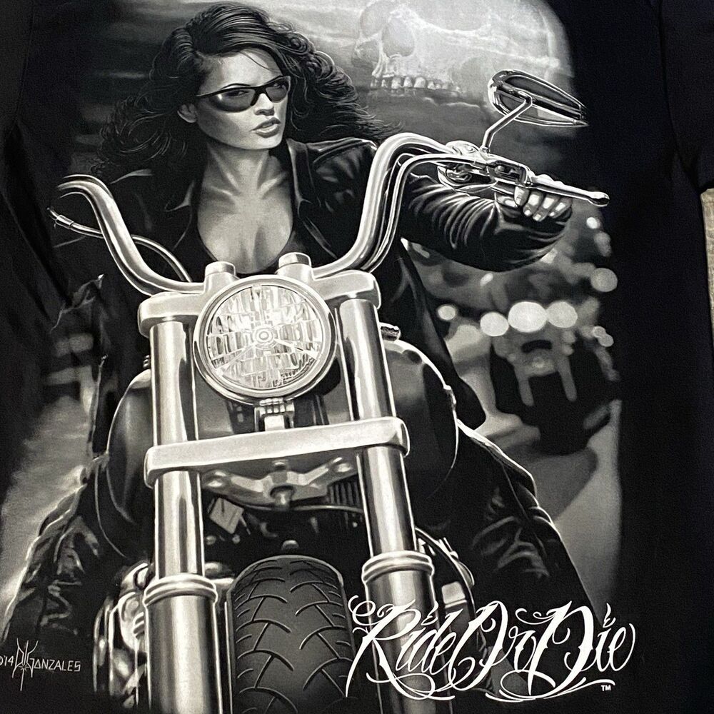 Ride or Die Mens Graphic T-Shirt XL Sick  Motorcycle And Woman On Bike Design